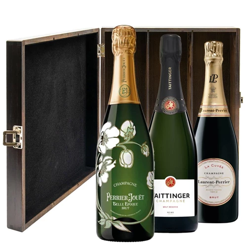 The Premium Collection Treble Elm Wood Gift Boxed Champagne (3x75cl)
